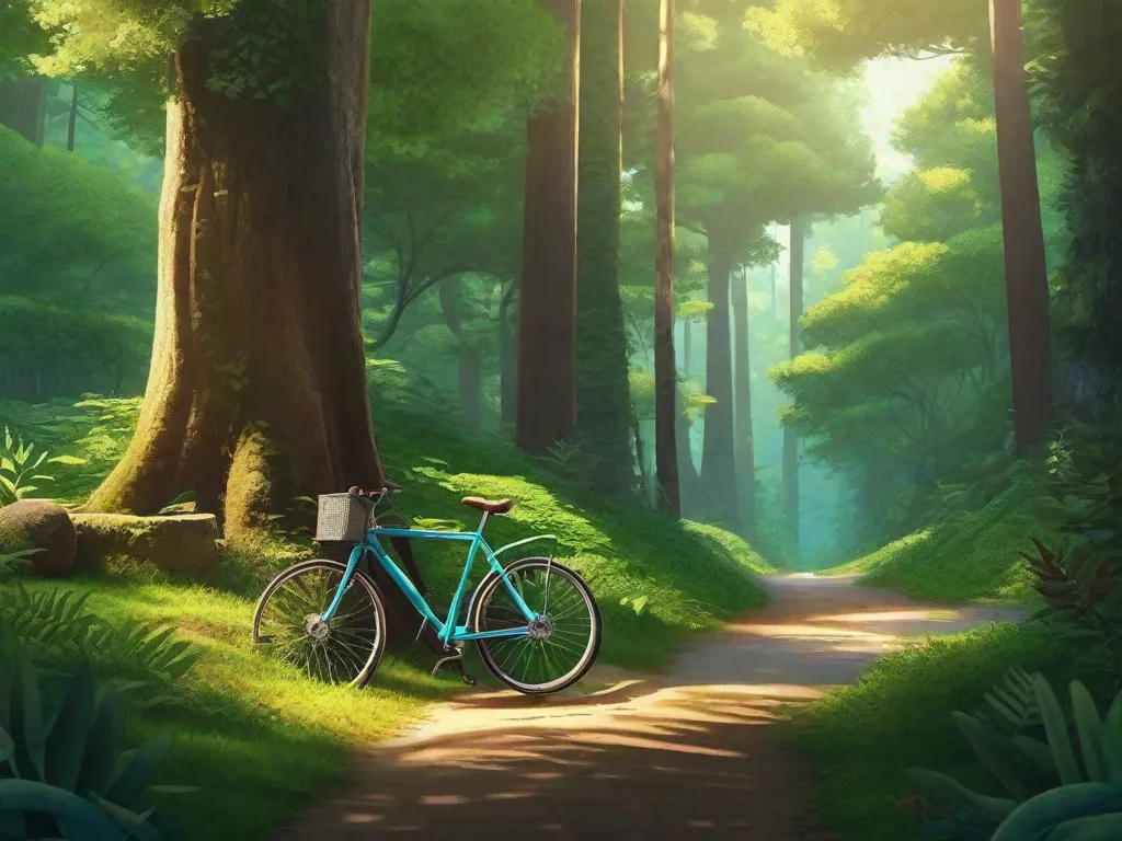 Uma imagem serena de uma estrada aberta serpenteando por uma floresta exuberante, com uma bicicleta solitária encostada em uma cerca de madeira. O sol filtra através da copa das árvores, projetando sombras salpicadas no caminho à frente, convidando para um passeio tranquilo no abraço da natureza.