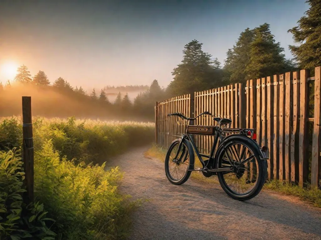 Uma imagem serena de uma estrada sinuosa vazia cercada por vegetação exuberante, com uma bicicleta encostada em uma cerca de madeira sob o brilho quente de um sol poente, evocando uma sensação de liberdade, aventura e conexão com a natureza.