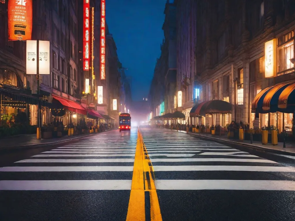 Uma faixa de pedestre bem iluminada ao entardecer com placas de trânsito LED de alta visibilidade e postes de luz lançando um brilho seguro sobre as linhas da faixa de pedestres, enquanto um pedestre atravessa a rua confiantemente, sua sombra se alongando no pavimento, e um motorista atento para no sinal, garantindo segurança adicional.