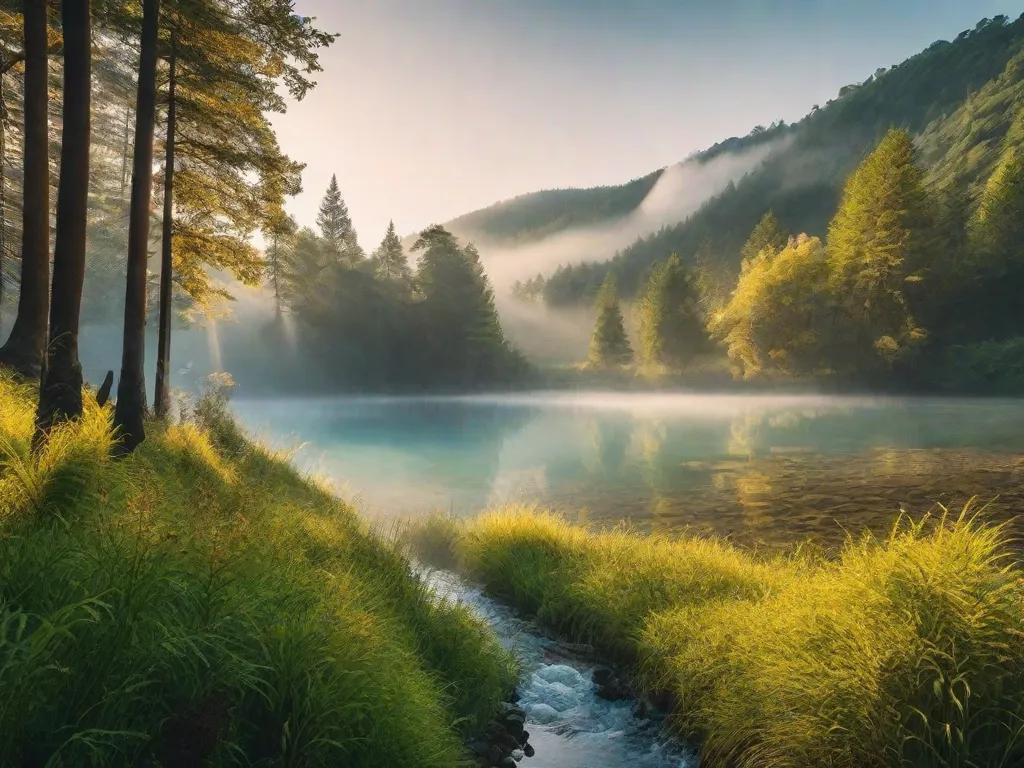 Uma floresta verdejante com um riacho límpido fluindo por entre, cercada por uma vida selvagem próspera e um céu livre de poluição. Em primeiro plano, uma mão planta uma muda, simbolizando os esforços humanos em reflorestamento e conservação para um impacto ambiental positivo.