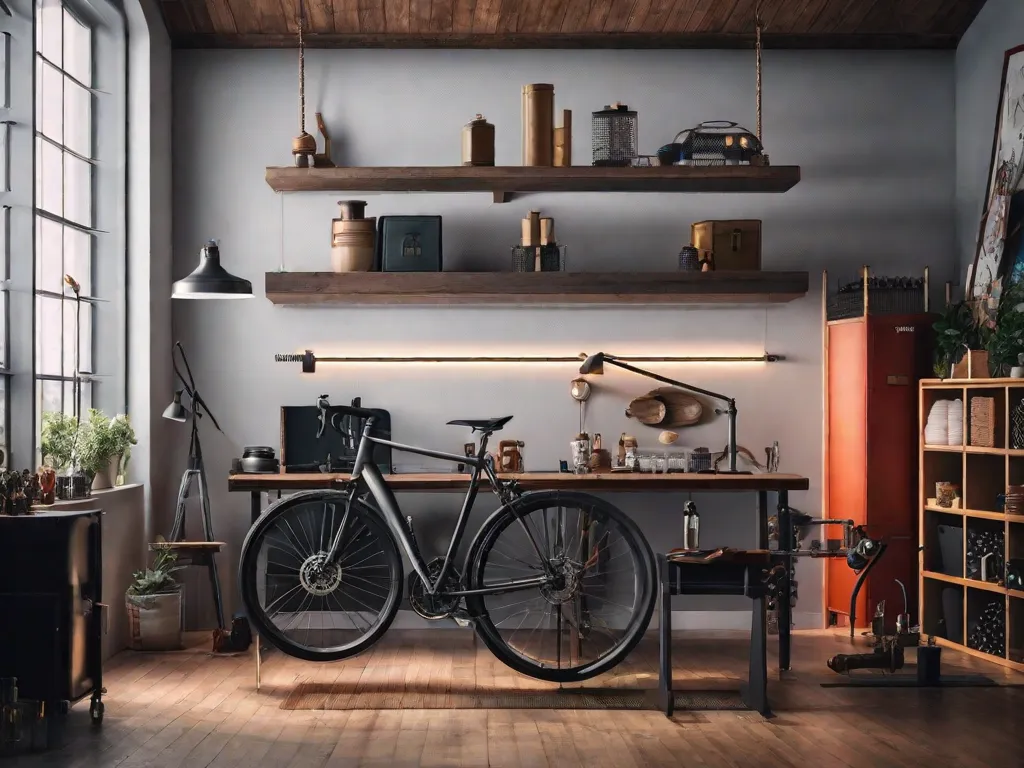 Uma garagem bem organizada com uma bicicleta montada em um suporte de reparo, ferramentas arrumadas cuidadosamente em um painel perfurado. A corrente da bicicleta está sendo lubrificada e os engrenagens estão sendo inspecionados. Uma luz brilhante ilumina o espaço de trabalho limpo, destacando a importância da manutenção regular.