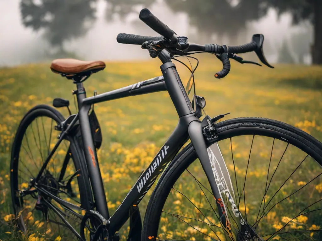 Uma exibição de uma garrafa de água montada no quadro de uma bicicleta, ao lado de uma pequena bolsa de selim aberta, cheia de barras energéticas, nozes misturadas e uma banana. Ao fundo, há um capacete descansando sobre o guidão.