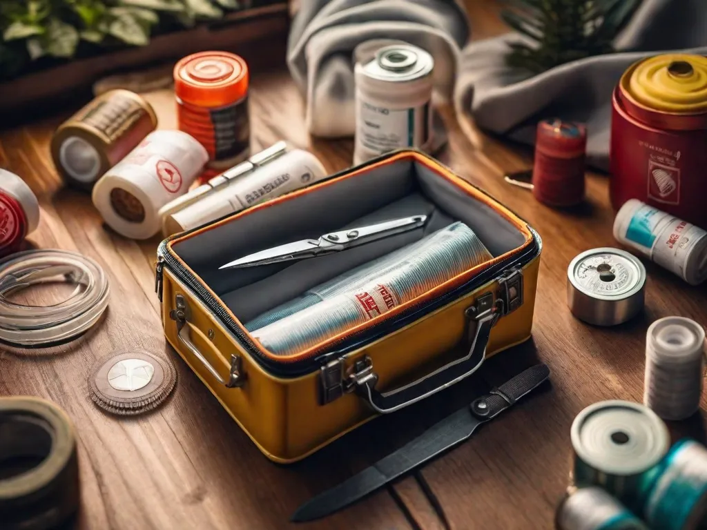 Uma imagem de um kit de primeiros socorros bem equipado aberto, exibindo vários suprimentos médicos como bandagens, lenços antissépticos, fita adesiva e tesoura, com foco em um par de mãos cuidadosamente enrolando uma bandagem de compressão ao redor do tornozelo de um adulto.