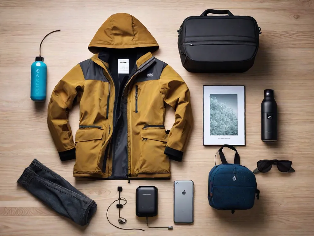 Uma mala aberta e organizada exibindo equipamentos essenciais para viagem: fones de ouvido com cancelamento de ruído, um travesseiro de viagem, um carregador portátil, um adaptador de viagem mundial, uma câmera compacta, uma garrafa de água durável e uma jaqueta leve impermeável, todos sobre um mapa-múndi.