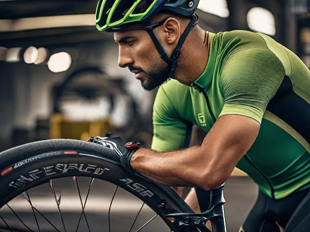 Uma imagem em close das mãos de um ciclista ajustando habilmente as marchas de uma bicicleta de estrada, com foco nítido no ajuste do desviador. Ferramentas e um manual de manutenção de bicicletas estão visíveis ao fundo, destacando a importância do conhecimento técnico para o desempenho ótimo da bicicleta.