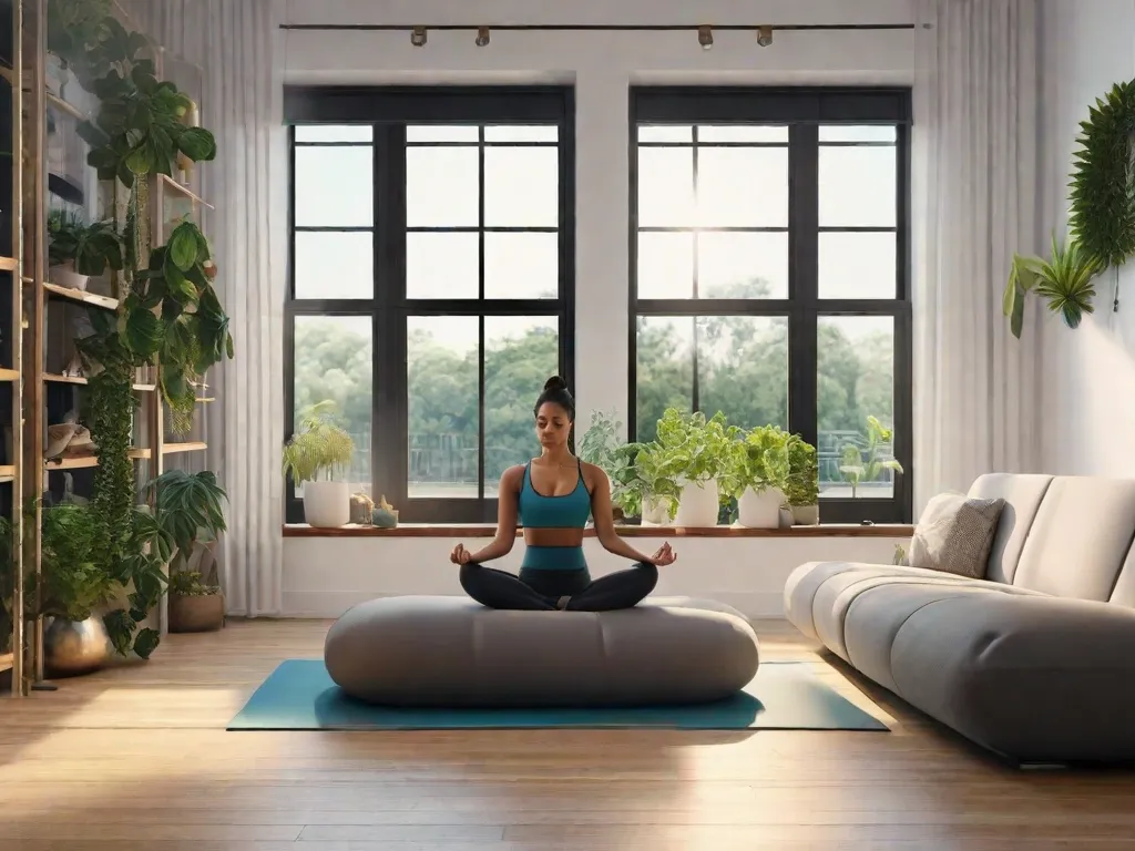 Uma imagem serena de uma pessoa adulta meditando em um quarto tranquilo e iluminado pelo sol, cheio de plantas, com um tapete de yoga no chão. Ao fundo, há uma estante com livros sobre atenção plena (mindfulness) e equipamentos de ginástica, como halteres e um rolo de espuma.