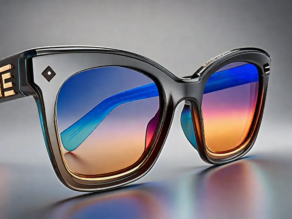 Um par de óculos de sol elegantes, com design envolvente e lentes coloridas, repousando sobre uma superfície lisa que reflete um céu azul límpido. A armação robusta sugere proteção contra ventos fortes durante a prática de atividades ao ar livre.
