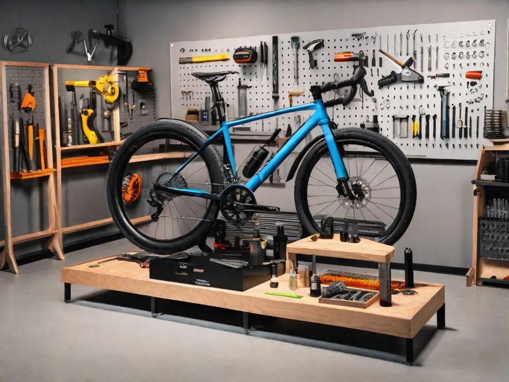 Uma bancada de trabalho bem organizada com uma bicicleta montada em um suporte de reparo, ferramentas arrumadas de forma ordenada e um mecânico ajustando as marchas da bicicleta. Vários componentes como correntes, freios e pneus são visíveis, enfatizando a importância da manutenção regular para um ciclismo seguro e eficiente.
