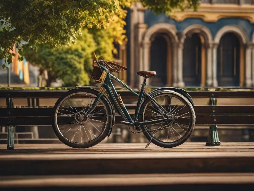 Um caminho iluminado pelo sol serpenteia por um parque exuberante, com uma bicicleta encostada em um banco de madeira. O quadro da bicicleta brilha, suas rodas estão paradas, mas prontas para rodar. Um capacete repousa no banco, sugerindo uma pausa em um passeio alegre. Folhas tremulam suavemente ao fundo, convidando à tranquilidade