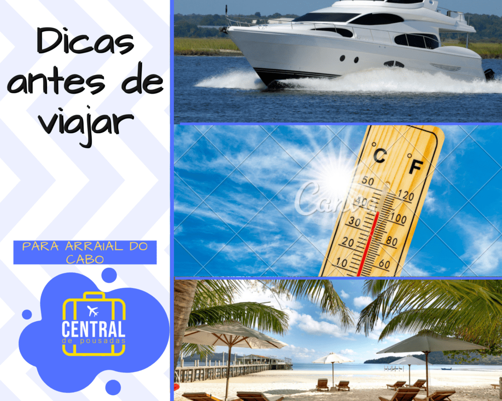 foto com repartiçao sendo a primeira um barco, a segunda um termometro e a terceira a praia, ao lado esquecer o título da máteria com dicas antes de viajar