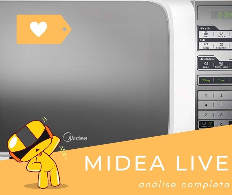 Foto do aparelho no fundo com titulo em branco e fundo laranja escrito Midea Live
