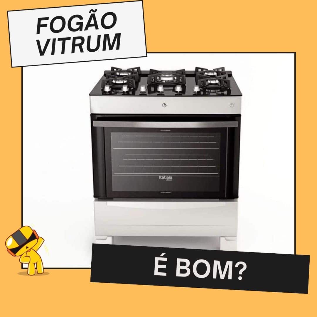 foto do modelo fogão vitrum com o titulo embaixo e bom e fundo laranja