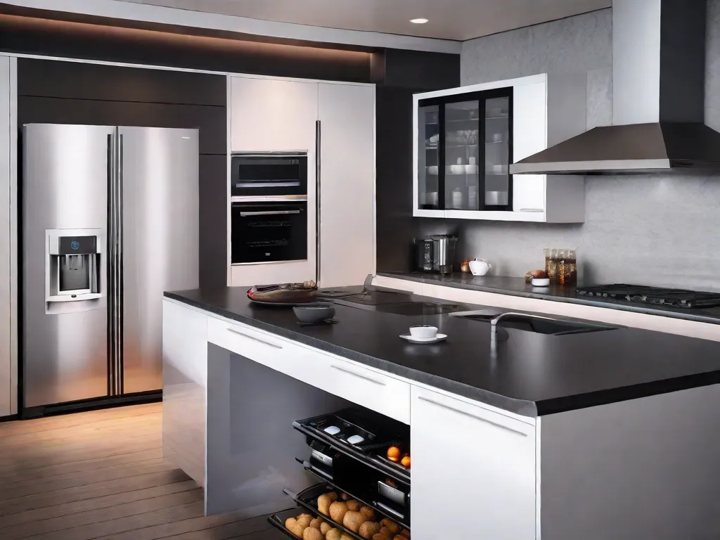Uma cozinha elegante e moderna com uma geladeira inteligente que exibe uma lista de compras digital, um forno controlado por voz que se pré-aquece sozinho e um aspirador de pó robótico deslizando sem esforço pelo chão. Estes eletrodomésticos inteligentes tornam as tarefas diárias mais fáceis e eficientes, transformando a forma como vivemos em
