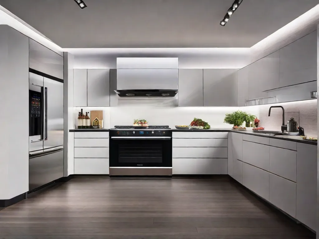 Descrição da imagem: Uma cozinha elegante e futurista com eletrodomésticos de ponta. A imagem mostra uma geladeira inteligente com um display transparente mostrando o conteúdo interno, um forno controlado por voz com controles de tela sensível ao toque e uma máquina de café inteligente preparando uma xícara de café perfeita. Os eletrodomésticos se integram perfeitamente ao design modern
