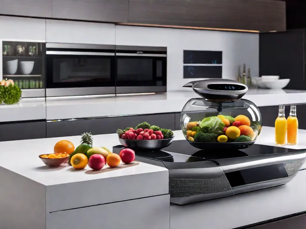 Descrição da imagem: Uma cozinha elegante e moderna com eletrodomésticos futuristas. O destaque é uma geladeira inteligente com uma tela de toque transparente, exibindo uma variedade de frutas e legumes frescos. O fogão e o forno estão integrados perfeitamente à bancada, e um aspirador de pó robótico desliza pelo chão ao fundo.