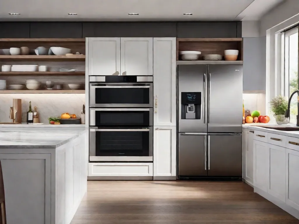 Uma cozinha elegante e moderna com uma geladeira inteligente que exibe uma lista de compras digital, um forno controlado por voz que se pré-aquece sozinho e um aspirador de pó robótico deslizando sem esforço pelo chão. Estes eletrodomésticos inteligentes tornam as tarefas diárias mais fáceis e eficientes, transformando a forma como vivemos em