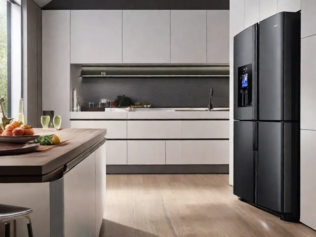 Na imagem, uma cozinha moderna e elegante é exibida com vários eletrodomésticos inteligentes. Uma geladeira controlada por voz exibe seu conteúdo em uma tela transparente, enquanto um aspirador de pó robótico desliza sem esforço pelo chão. O sistema de iluminação se ajusta às preferências dos ocupantes, criando um ambiente aconchegante e eficiente em termos de