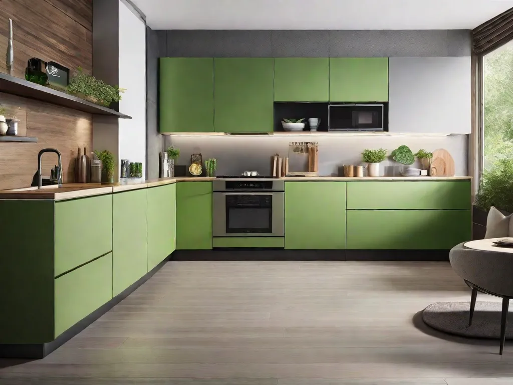 Descrição da imagem: Uma cozinha moderna com eletrodomésticos elegantes, incluindo uma geladeira, lava-louças e fogão. Cada aparelho possui um selo verde brilhante de economia de energia, indicando seu baixo consumo de energia. O ambiente está bem iluminado e mostra o design elegante dos eletrodomésticos, transmitindo uma sensação de eficiência e sustentabilidade.