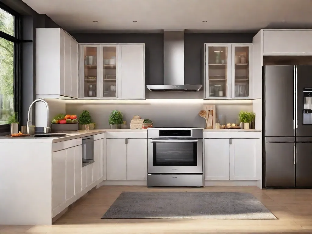 Descrição da imagem: Uma cozinha moderna com eletrodomésticos elegantes e energeticamente eficientes. A geladeira possui um display digital que mostra baixo consumo de energia. A lava-louças está funcionando silenciosamente ao fundo, e o fogão possui queimadores de indução que consomem menos eletricidade. A sala está cheia de luz natural vinda de grandes janelas, enfatizando a atmos