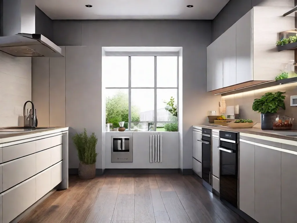 Descrição da imagem: Uma cozinha moderna com eletrodomésticos elegantes e energeticamente eficientes. A geladeira possui um display digital que mostra baixo consumo de energia. A lava-louças está funcionando silenciosamente ao fundo, e o fogão possui queimadores de indução que consomem menos eletricidade. A sala está cheia de luz natural vinda de grandes janelas, enfatizando a atmos