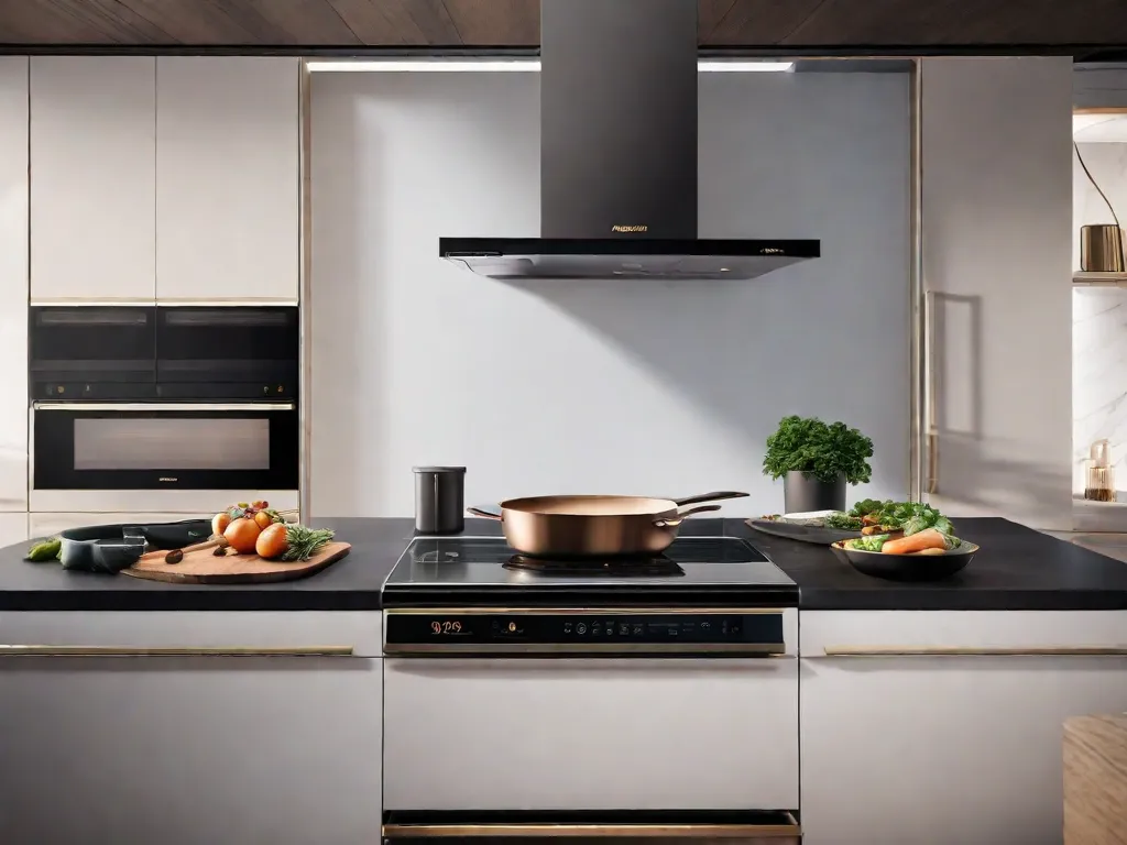 Uma cozinha elegante e moderna com eletrodomésticos de última geração que atendem às necessidades de chefs amadores em 2024. A imagem mostra um cooktop de indução de alto desempenho, um forno inteligente com controles sensíveis ao toque e uma geladeira estilosa com tecnologia avançada de resfriamento. Esses eletrodomésticos tornam o ato de