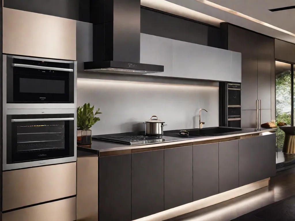 Uma cena de cozinha elegante e moderna apresentando eletrodomésticos de alto desempenho de última geração para chefs amadores em 2024. A imagem destaca um cooktop por indução de ponta, um forno inteligente com controles de tela sensível ao toque e uma geladeira estilosa com tecnologia avançada de resfriamento. Esses eletrodomésticos representam a comb