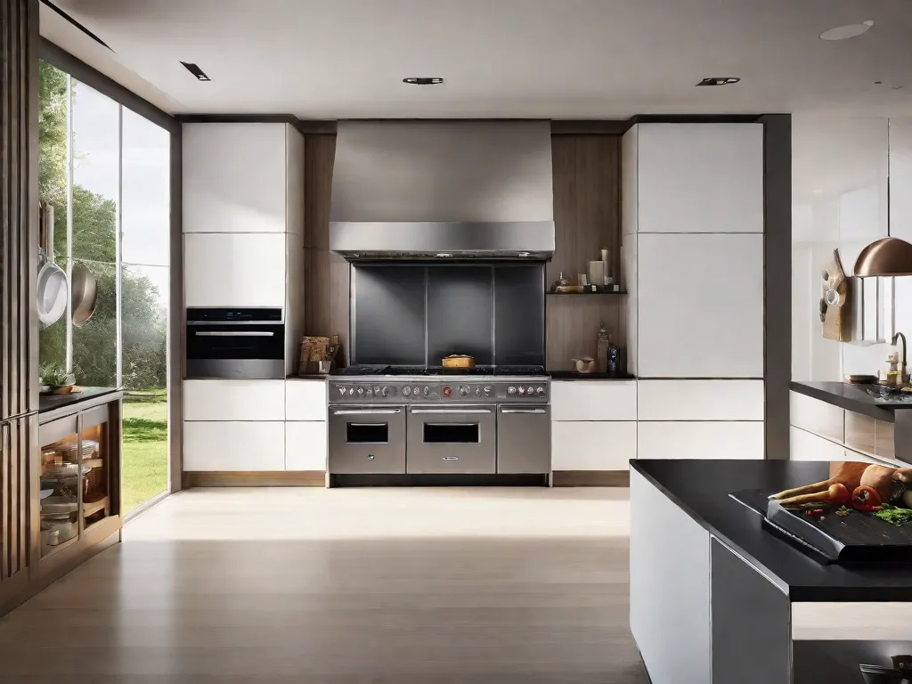 Descrição da imagem: Uma cozinha bem iluminada com um forno de aço inoxidável elegante e moderno como ponto focal. O forno possui uma tela digital e controles sensíveis ao toque, exalando sofisticação. Ao redor do forno, há vários utensílios de cozinha e ingredientes, simbolizando a alegria de cozinhar e a importância de escolher o eletrodoméstico