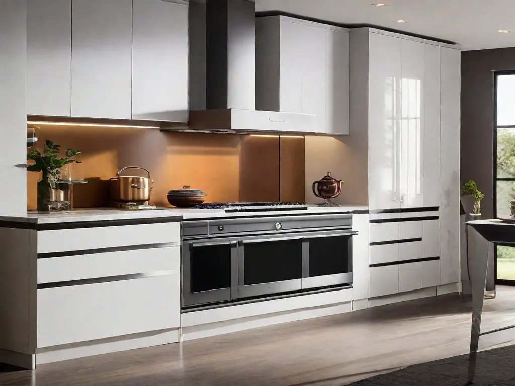 Descrição da imagem: Uma cozinha bem iluminada com um forno de aço inoxidável elegante e moderno como ponto focal. O forno possui uma tela digital e controles sensíveis ao toque, exalando sofisticação. Ao redor do forno, há vários utensílios de cozinha e ingredientes, simbolizando a alegria de cozinhar e a importância de escolher o eletrodoméstico