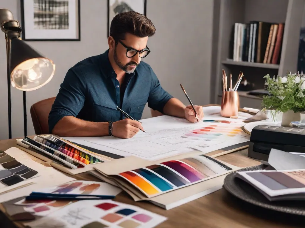 Uma foto de um estilista de interiores elegante sentado em uma mesa, rodeado por amostras de tecido, amostras de tinta e revistas de design. O designer está segurando um lápis e esboçando ideias em uma planta, mostrando sua expertise e criatividade na criação de decoração única para o lar.