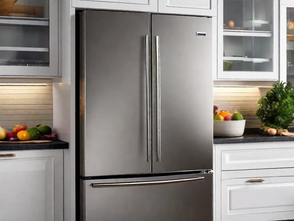 Descrição da imagem:
Um close-up de uma geladeira de aço inoxidável impecável em uma cozinha moderna. A superfície está brilhando e livre de quaisquer marcas de dedos ou manchas. O reflexo do ambiente ao redor pode ser visto na superfície lisa e polida, mostrando sua beleza atemporal.