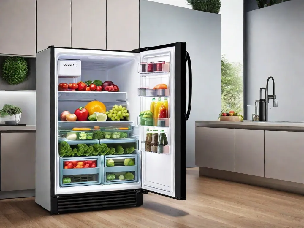 Uma imagem em close-up de uma geladeira moderna e eficiente em termos de energia, com um display LED brilhante mostrando seu baixo consumo de energia. A geladeira está cheia de frutas e legumes frescos, simbolizando tanto a sustentabilidade quanto a vida saudável. Um pequeno logotipo de economia de energia é exibido de forma proeminente no eletrodoméstico.