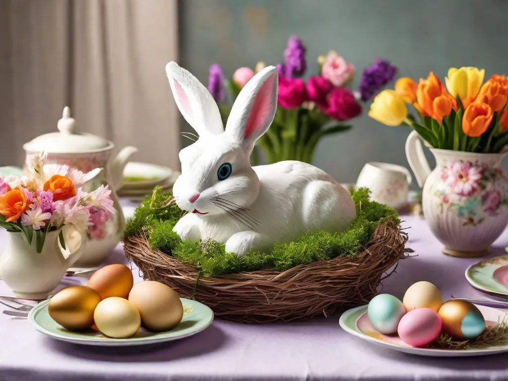 Descrição da imagem: Uma mesa festiva adornada com uma toalha de mesa branca e uma variedade de decorações coloridas de Páscoa. No centro, um lindo centro de mesa em formato de coelho da Páscoa, cercado por flores vibrantes da primavera. Ovos de Páscoa em tons pastel estão espalhados ao redor, e delicados guardanapos e pratos temáticos