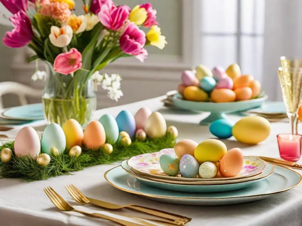 Descrição da imagem: Uma sala iluminada com uma longa mesa de jantar adornada com um elegante arranjo de Páscoa. Decorações coloridas em tons pastel, incluindo ovos pintados, velas em formato de coelho e delicados arranjos florais, criam uma atmosfera festiva. A mesa está posta com pratos lindamente decorados, guardanapos coloridos e talheres d