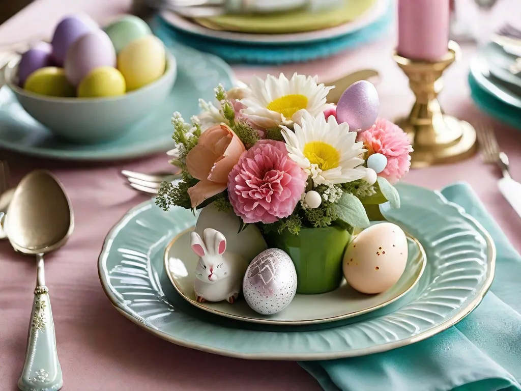 Descrição da imagem: Uma mesa festiva para a Páscoa, decorada com enfeites de cores pastel. Um centro de mesa apresenta uma bela arranjo de flores frescas da primavera, rodeado por delicados ovos de Páscoa e figuras de coelhinhos encantadoras. A mesa está posta com pratos elegantes, talheres e guardanapos de cores pastel, criando um