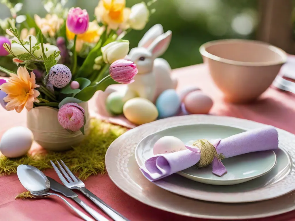Descrição da imagem: Uma sala iluminada com uma longa mesa de jantar adornada com um elegante arranjo de Páscoa. Decorações coloridas em tons pastel, incluindo ovos pintados, velas em formato de coelho e delicados arranjos florais, criam uma atmosfera festiva. A mesa está posta com pratos lindamente decorados, guardanapos coloridos e talheres d