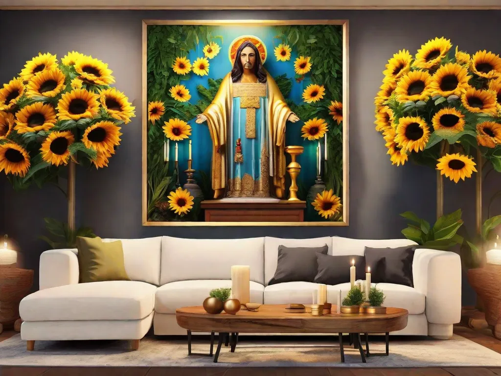 Uma mesa rústica de madeira adornada com girassóis vibrantes e velas delicadas cria o cenário para uma decoração única e inspiradora com tema de São Francisco de Assis. Uma estátua do santo se ergue alta, cercada por vegetação exuberante e tapeçarias coloridas, criando uma atmosfera serena e espiritual.