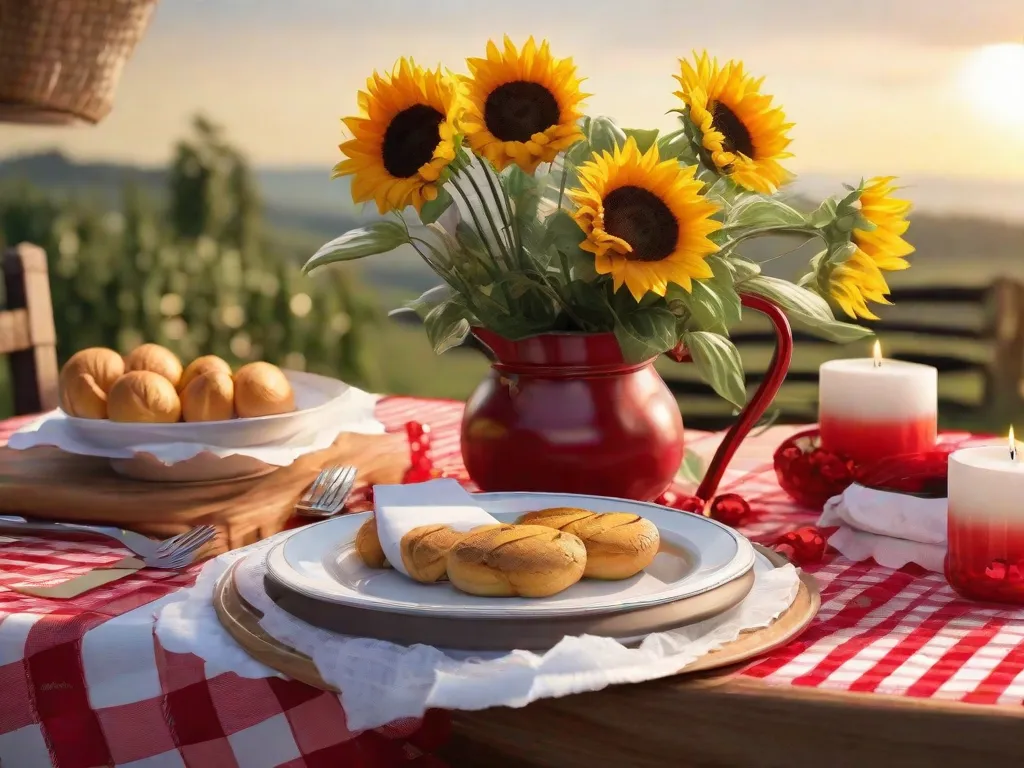 Uma mesa rústica de madeira adornada com uma vibrante toalha de mesa quadriculada vermelha e branca, complementada por um arranjo de girassóis e espigas de trigo. Delicadas luzes de fada piscam acima, lançando um brilho quente na decoração simples e elegante, perfeita para celebrar o São João com estilo.