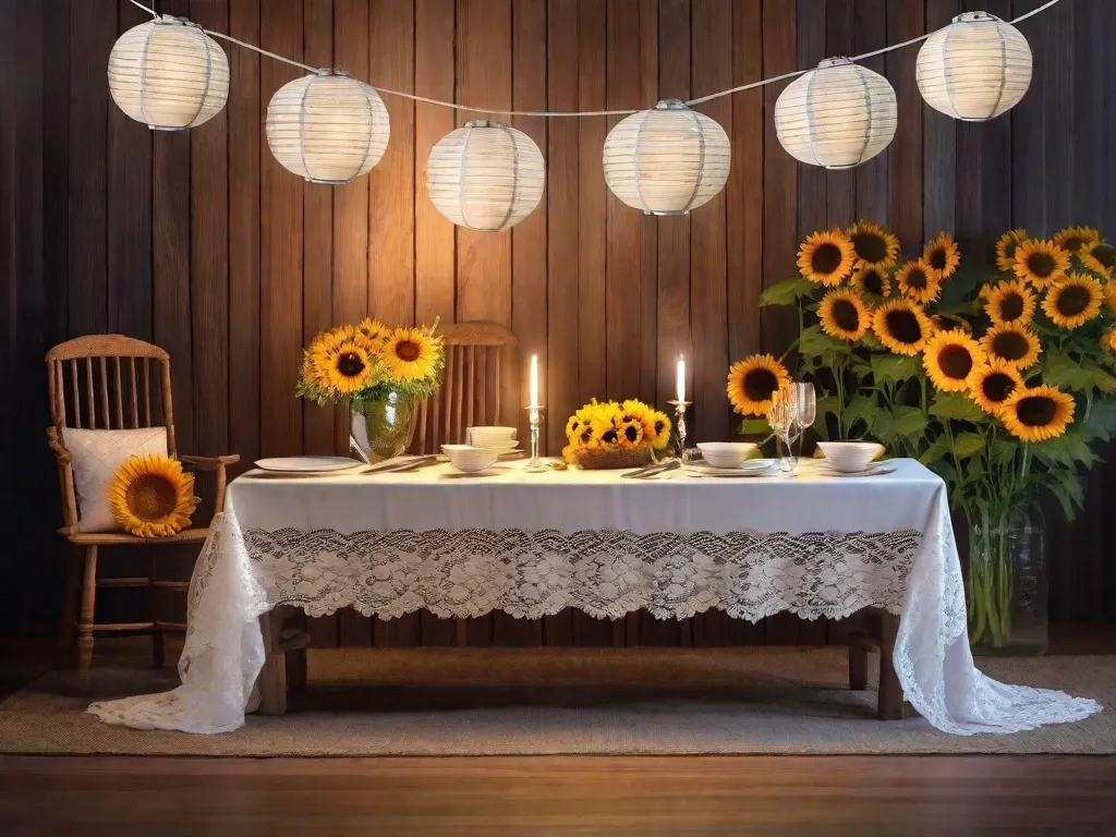 Uma mesa rústica de madeira adornada com uma toalha de renda branca é o destaque desta decoração simples e elegante de São João. Um vaso cheio de girassóis vibrantes está no centro, cercado por delicados pratos de porcelana e talheres de prata. O brilho quente das lanternas suspensas adiciona um toque aconchegante à atmosfera