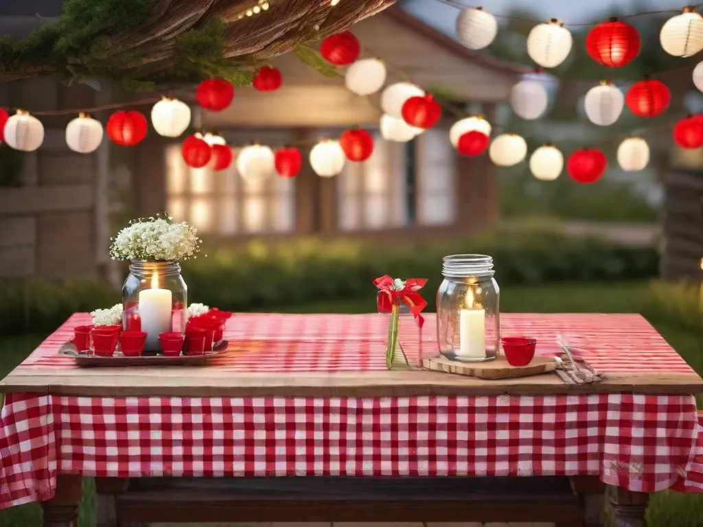 Uma mesa rústica de madeira adornada com uma toalha xadrez vermelha e branca prepara o cenário para uma celebração simples e elegante de São João. Delicadas flores brancas em potes de vidro e velas tremeluzentes criam uma atmosfera aconchegante, enquanto lanternas de papel coloridas penduradas no alto adicionam um toque festivo à decora