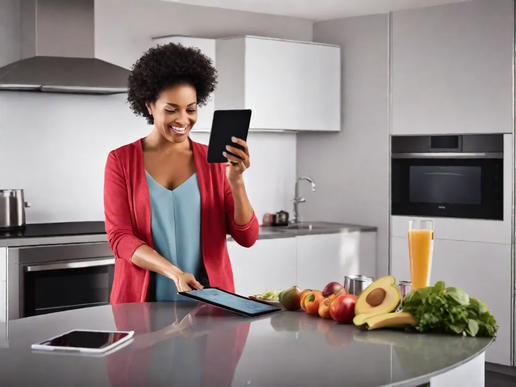 Descrição da imagem: Uma mulher em pé em uma cozinha moderna, segurando um tablet e sorrindo. Na bancada, há uma geladeira elegante e estilosa, um forno de última geração e uma máquina de café de alta tecnologia. A cozinha é bem iluminada e cheia de luz natural, o que lhe confere uma atmosfera acolhedora e convidativa.