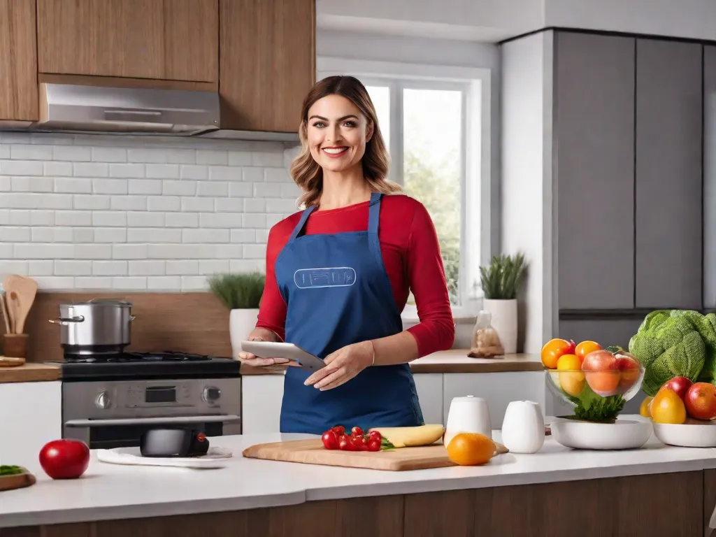 Descrição da imagem: Uma mulher está em pé em uma cozinha moderna, segurando um tablet em suas mãos. Na tela do tablet, há um questionário interativo com diferentes eletrodomésticos. A mulher está sorrindo e envolvida, pronta para responder às perguntas para encontrar o eletrodoméstico perfeito para suas necessidades.
