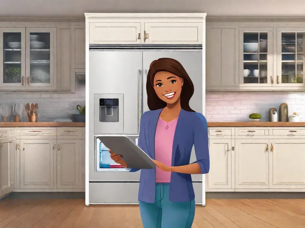 Descrição da imagem: Uma mulher está em uma cozinha moderna, segurando um tablet em sua mão. Na tela do tablet, há um questionário interativo intitulado