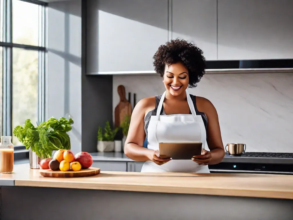 Descrição da imagem: Uma mulher em pé em uma cozinha moderna, segurando um tablet e sorrindo. Na bancada, há uma geladeira elegante e estilosa, um forno de última geração e uma máquina de café de alta tecnologia. A cozinha é bem iluminada e cheia de luz natural, o que lhe confere uma atmosfera acolhedora e convidativa.