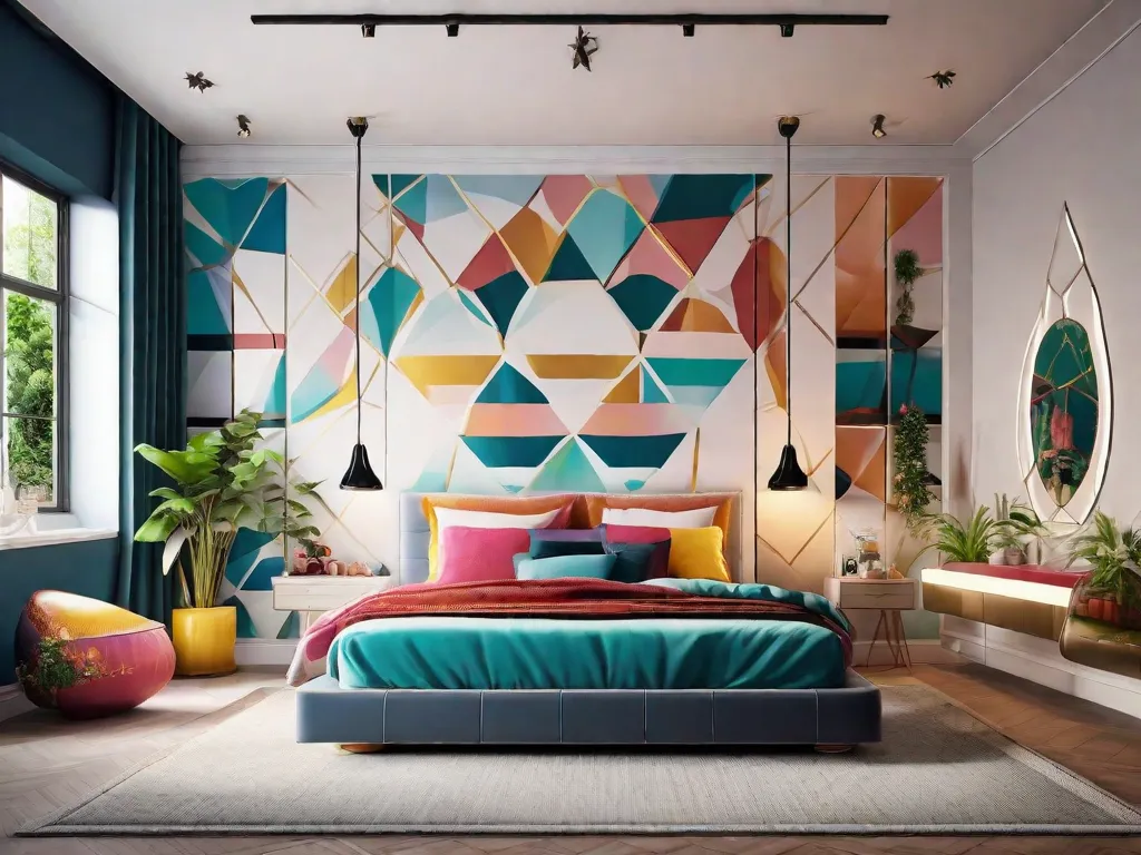 Descrição da imagem: Um quarto aconchegante transformado com decoração criativa. O quarto possui uma parede de destaque com padrões geométricos em cores vibrantes, complementada por uma cama elegante com uma cabeceira texturizada e almofadas coloridas. O quarto é adornado com arte de parede única, plantas suspensas e luzes de fada, criando uma atmosfera encant
