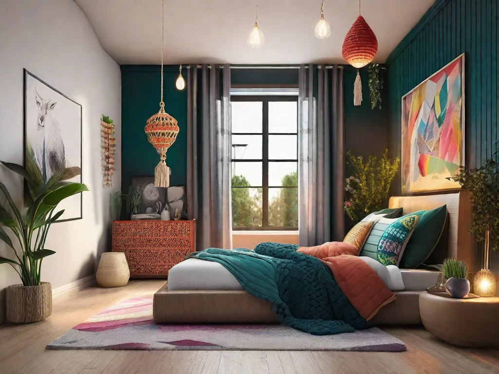 Descrição da imagem: Um quarto aconchegante com uma transformação criativa na decoração. O quarto possui uma parede de destaque com um papel de parede vibrante de padrão geométrico. A cama é adornada com almofadas coloridas e uma manta de tricô grossa. Um suporte de planta de macramê pendurado adiciona um toque de charme boêmio, enquanto as luz