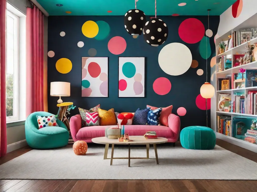 Uma sala de estar vibrante e extravagante com uma mistura de cores audaciosas e padrões divertidos. Uma parede de destaque adornada com grandes bolinhas coloridas adiciona um toque de diversão. Opções de assentos confortáveis estão espalhadas pelo ambiente, incluindo um cantinho aconchegante para leitura com uma cadeira de balanço suspensa. O espaço é preenchido com elementos decorativos