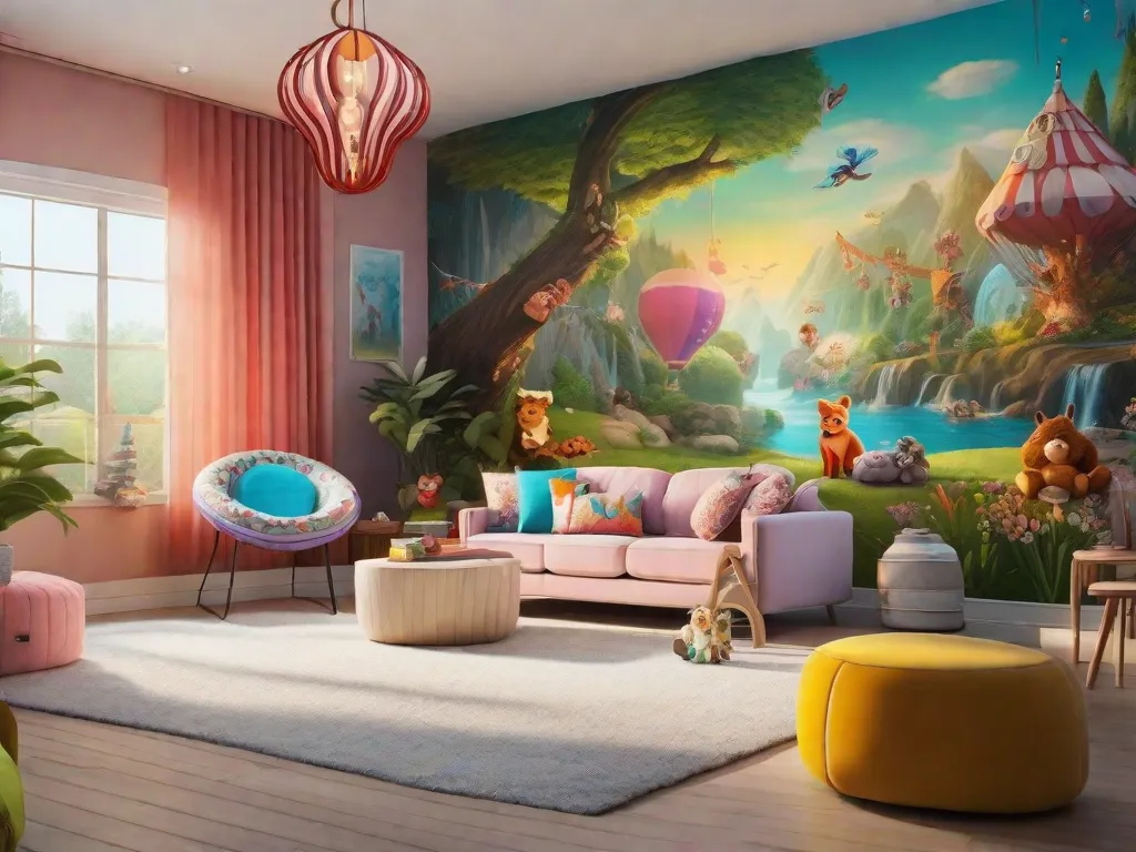 Uma sala de estar vibrante e lúdica com uma paleta de cores ousada e padrões divertidos. Uma mistura de móveis ecléticos, incluindo uma peça de destaque como uma poltrona de saco de feijão colorida e grande, cria uma atmosfera divertida e imaginativa. As paredes são adornadas com adesivos de parede únicos que retratam cenas imaginativas, enquanto um