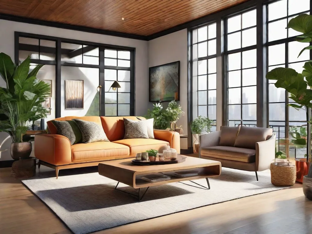 Descrição: Uma sala de estar lindamente decorada com um sofá aconchegante, uma mesa de centro elegante e arte de parede vibrante. A sala é banhada pela luz natural de grandes janelas, criando uma atmosfera calorosa e convidativa. A decoração inclui plantas, almofadas decorativas e um tapete de destaque, adicionando um toque de elegância ao espaço.