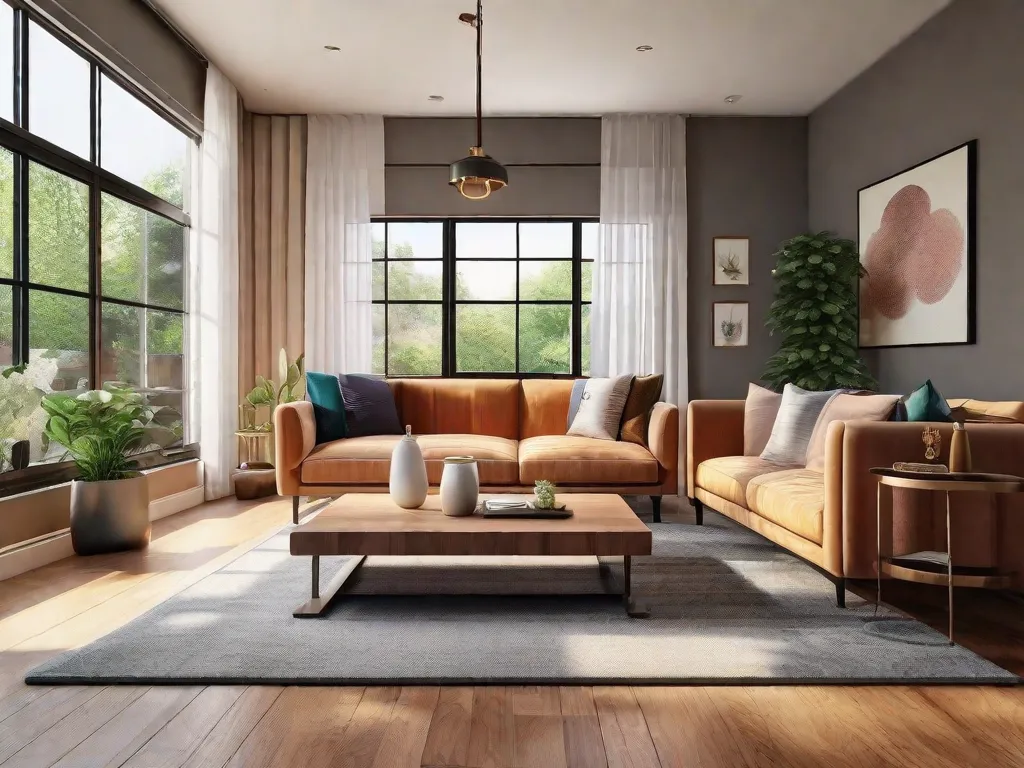 Descrição: Uma sala de estar lindamente decorada com um sofá aconchegante, uma mesa de centro elegante e arte de parede vibrante. A sala é banhada pela luz natural de grandes janelas, criando uma atmosfera calorosa e convidativa. A decoração inclui plantas, almofadas decorativas e um tapete de destaque, adicionando um toque de elegância ao espaço.