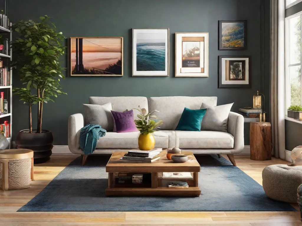 Descrição da imagem: Uma sala de estar aconchegante com uma decoração moderna e eclética. A sala apresenta um sofá cinza confortável com almofadas coloridas, uma mesa de café única feita de madeira reaproveitada e uma vibrante pintura abstrata na parede. A luz natural preenche o espaço, destacando as belas plantas e objetos decorativos espalhados pela sala. Uma combina